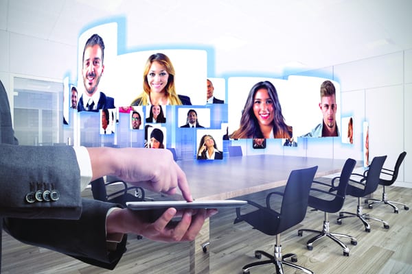 Business team talks about working in videoconference
